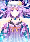  alternate_costume bad_id bad_pixiv_id choker crescent eyebrows foreshortening hat izumi_minami lace long_hair looking_at_viewer outstretched_arms patchouli_knowledge purple_eyes purple_hair solo touhou 