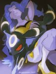  1girl arm_up blue_hair capri_pants commentary grey_eyes high_heels highres karen_(pokemon) long_hair mayotsunamayo pants pokemon pokemon_(creature) pokemon_heartgold_and_soulsilver red_eyes shirt shoes smile twitter_username umbreon watermark yellow_shirt yellow_shoes 