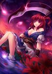  bare_shoulders bobby_socks breasts cleavage coin flower hair_bobbles hair_ornament hitodama kaizeru large_breasts lips off_shoulder onozuka_komachi red_eyes red_hair scythe sitting smile soaking_feet socks solo spider_lily touhou two_side_up water 
