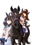  2girls ahoge animal_ears black_gloves black_hair blue_eyes blush brown_hair commentary_request contrail_(racehorse) daring_tact_(umamusume) ear_ornament epiphaneia_(umamusume) gloves hair_between_eyes hair_ornament highres horse horse_ears horse_girl horse_tail long_hair long_sleeves multicolored_hair multiple_girls open_mouth original rascal-teitoku real_life smile star_(symbol) star_hair_ornament tail umamusume white_background 