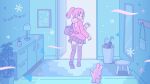  1girl animal bag cabinet closed_umbrella commentary_request cool_colors highres indoors jacket lamp limited_palette looking_at_animal looking_back medium_hair miniskirt motion_lines open_door open_mouth original pet picture_frame pink_hair pink_jacket pink_scarf plant pleated_skirt ponytail potted_plant purple_shirt purple_skirt purple_thighhighs rabbit scarf school_bag school_uniform shirt shoulder_bag skirt smile snowflakes solo stool suzuki_arisa_(arisa0456) thighhighs turning_head umbrella waving 