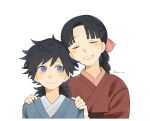  1girl aqua_kimono black_hair braid closed_eyes closed_mouth hair_between_eyes hands_on_another's_shoulders highres japanese_clothes kimetsu_no_yaiba kimono long_hair looking_to_the_side low_ponytail o87_426 open_mouth ponytail red_kimono simple_background single_braid smile spiked_hair teeth tomioka_giyuu tomioka_tsutako twitter_username upper_body upper_teeth_only white_background 