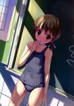  absurdres ass_visible_through_thighs brown_eyes brown_hair chalk chalkboard classroom copyright_request hair_ribbon highres indoors one-piece_swimsuit ribbon school_swimsuit solo swimsuit takoyaki_(roast) 
