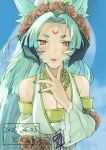  1girl animal_ears aqua_hair aqua_nails breasts cleavage commentary_request fox_ears highres large_breasts long_hair looking_at_viewer misasagi_(rune_factory) nail_polish rune_factory rune_factory_5 solo tonmugi yellow_eyes 
