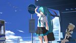  bag bird bus_stop closed_eyes day eto hatsune_miku kagamine_rin long_hair multiple_girls school_uniform seagull shading_eyes short_hair sign sitting skirt sleeping standing very_long_hair vocaloid 