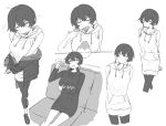  1girl arms_behind_back blush chang_chin-lan closed_eyes commentary_request couch cup drawstring drinking_glass earrings eating food full_burrrrrrst greyscale highres holding holding_spoon hood hoodie jewelry kamiina_botan_yoeru_sugata_wa_yuri_no_hana monochrome multiple_views off_shoulder on_couch open_mouth shaved_ice short_hair shot_glass sleeveless sleeveless_hoodie smile spoon sweater 