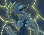  1other black_background body_fur claws clenched_hands commentary_request electricity furry grey_fur looking_at_viewer mega_zeraora neck_fur pokemon pokemon_(creature) pokemon_focus ryusei0402 upper_body yellow_eyes zeraora 