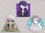  1girl 2boys adjusting_eyewear aotsuki_eito black_choker black_dress black_jacket blue_eyes choker collarbone commentary_request crossed_arms diamond-shaped_pupils diamond_(shape) dress earrings glasses green_jacket grey_hair highres jacket jewelry long_hair looking_at_viewer multiple_boys purple-tinted_eyewear purple_hair red_eyes shizuhara_hiruko short_hair smile sunglasses symbol-shaped_pupils the_hundred_line_-last_defense_academy- tinted_eyewear twitter_username vi_sick white_hair white_jacket yakushiji_takemaru yellow_eyes 