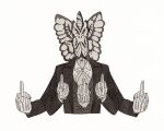  1other animal_head black_coat bug butterfly coat collared_shirt commentary double_middle_finger extra_arms funeral_of_the_dead_butterflies grey_vest highres ingong_wow lapels lobotomy_corporation long_sleeves middle_finger notched_lapels project_moon shirt simple_background solo untranslatable_commentary vest white_background white_butterfly white_shirt 