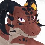 anthro digital_media_(artwork) female gold_(metal) gold_jewelry headshot_portrait hi_res horn jewelry kobold looking_at_viewer portrait purple_eyes scales scalie simple_background solo spikes spikes_(anatomy) watermark white_background zenithell