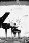  barefoot closed_eyes flower flying_paper greyscale highres ichinose_kai instrument male_focus monochrome necktie niwa non-web_source paper piano piano_no_mori plant scan sitting solo 
