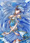  1girl bare_shoulders blue_dress blue_eyes blue_hair blue_hairband colored_pencil_(medium) dress english_commentary faux_retro_artstyle gold_choker hairband hisui1986 long_hair magic_knight_rayearth magical_girl off_shoulder official_style pink_lips pleated_skirt ryuuzaki_umi skirt solo thighhighs traditional_media very_long_hair white_thighhighs white_wrist_cuffs wrist_cuffs 