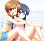  :&lt; bikini blue_eyes blue_hair brown_eyes brown_hair casual_one-piece_swimsuit hirasawa_yui k-on! long_hair mokana_natsumi multiple_girls nakano_azusa one-piece_swimsuit one_eye_closed short_hair skirt swimsuit twintails 