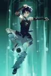  1boy aqua_eyes aqua_halo armor armpits belt black_belt black_bodysuit black_bridal_gauntlets black_hair black_sandals black_shorts blunt_ends bodysuit bridal_gauntlets choppy_bangs commentary_request curled_fingers eyeliner fingernails full_body genshin_impact gold_ring green_background grin hakama hakama_shorts halo halo_behind_head hand_up highres japanese_armor japanese_clothes kote kurokote leg_warmers looking_at_viewer makeup male_focus mandala mandarin_collar meameeea middle_ring open_hand outstretched_arm pleated_shorts purple_rope purple_sash red_eyeliner rope sandals sash scaramouche_(genshin_impact) shorts smile solo stirrup_legwear tassel toeless_legwear toenails toes transparent_halo tsurime twitter_username uneven_eyes vortex wanderer_(genshin_impact) white_leg_warmers wind zouri 