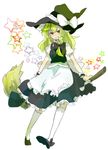  apron bad_id bad_pixiv_id blonde_hair bow braid broom dress green_eyes grin hair_bow hat kirisame_marisa smile solo star tarako_supa touhou witch_hat wrist_cuffs 