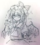  1girl adjusting_eyewear ascot bespectacled blush bow closed_mouth collared_shirt commentary_request crystal crystal_wings flandre_scarlet frilled_shirt_collar frilled_wrist_cuffs frills furawast glasses hand_on_eyewear hat hat_bow highres mob_cap one_side_up pointy_ears puffy_short_sleeves puffy_sleeves shirt short_sleeves sketch skirt smile solo touhou traditional_media translation_request twitter_username vest wings wrist_cuffs 