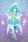  1girl aizen_(syoshiyuki) ankle_boots antennae aqua_eyes aqua_hair boots choker commentary_request cure_milky earrings full_body hagoromo_lala hair_ornament highres jewelry light_particles long_hair magical_girl precure puffy_short_sleeves puffy_sleeves see-through_clothes see-through_sleeves shooting_star_hair_ornament short_sleeves single_leg_pantyhose smile solo star_(symbol) star_earrings star_hair_ornament star_twinkle_precure wrist_cuffs 