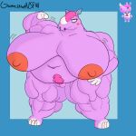 animal_crossing anthro belly big_belly big_breasts big_muscles big_nipples body_hair breasts female female_anthro flexing flexing_bicep happy_trail head_horn hi_res horn huge_breasts huge_muscles huge_nipples looking_at_viewer mammal musclegut muscular nintendo nipples nude obese obese_female overweight overweight_female purple_body renee_(animal_crossing) rhinoceros simple_background top_heavy white_horn
