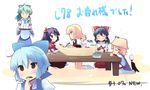  blonde_hair blue_eyes blue_hair blush brown_hair cirno detached_sleeves eating green_hair hakurei_reimu holding kirisame_marisa kochiya_sanae long_sleeves moriya_suwako multiple_girls pillow shin_(new) short_hair simple_background sleeping table touhou tray white_background yasaka_kanako 