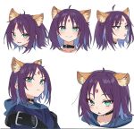  1girl ahoge animal_ears black_choker blue_hair blue_hoodie blue_kimono blush cho_kaguya-hime! choker closed_mouth colored_inner_hair commentary_request forehead_jewel fox_ears fox_girl green_eyes highres hood hood_down hoodie japanese_clothes kimono looking_at_viewer medium_hair multicolored_hair multiple_expressions open_mouth purple_hair sakayori_iroha sidelocks simple_background tensann3 white_background 