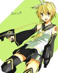  aikawa_sakuko bad_id bad_pixiv_id blonde_hair detached_sleeves dual_wielding gun holding kagamine_rin short_hair shorts solo submachine_gun thighhighs vocaloid weapon yellow_eyes 