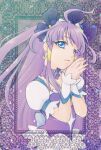  1girl ahoge aizen_(syoshiyuki) blue_eyes border choker commentary_request crescent crescent_earrings cure_selene earrings hair_flaps highres jewelry kaguya_madoka lace lace_border long_hair looking_at_viewer magical_girl ornate_border outside_border own_hands_together precure puffy_short_sleeves puffy_sleeves purple_hair short_sleeves sidelocks solo star_twinkle_precure upper_body 