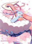  altaria amomo1012 black_eyes blue_skin closed_eyes closed_mouth colored_sclera colored_skin commentary_request falling_petals floral_background flower highres milotic no_humans open_mouth petals pink_flower pink_petals pink_sclera pokemon pokemon_(creature) pokemon_focus twitter_username 