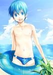  bad_id bad_pixiv_id beach blue_eyes blue_hair day innertube kyouta_(a01891226) male_focus male_swimwear original solo swim_briefs swimwear 