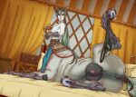  2026 animal_genitalia bed big_breasts breasts centaur clothed clothing clothing_around_one_leg equid equid_taur equine_genitalia european_mythology female fire_emblem fur furniture genitals greek_mythology green_hair grey_body grey_fur hair hooves horseshoe humanoid_taur looking_at_viewer lyn_(fire_emblem) mammal mammal_taur mythology nintendo nipples one_leg_up panties panties_around_one_leg panties_down partially_clothed plushie ponytail presenting raised_leg solo taur teats udders underwear underwear_around_one_leg underwear_down zuckergelee 