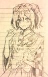  1girl apron bell blush checkered_clothes checkered_kimono closed_mouth commentary_request furawast hair_bell hair_ornament highres japanese_clothes kimono long_sleeves looking_at_viewer motoori_kosuzu short_hair sketch skirt solo touhou traditional_media two_side_up wide_sleeves 