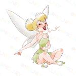  1girl bare_shoulders blonde_hair breasts commentary dress fairy fairy_wings green_dress green_shoes hair_bun highres looking_at_viewer mini_person minigirl mio_ney pointy_ears shoes short_hair single_hair_bun smile solo strapless strapless_dress tinker_bell_(disney) untranslatable_commentary walt_disney's_peter_pan wings 