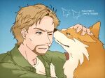 ace_combat_7 bandai_namco blonde_hair blue_eyes canid canine canis clothing count_(ace_combat_7) duo feral fur green_clothing green_jacket green_topwear hair human jacket male male/male mammal otachi_(artist) petting topwear trigger_(ace_combat_7) wolf yellow_body yellow_fur