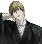  1boy black_hair blonde_hair colored_tips commentary highres japanese_clothes jujutsu_kaisen looking_to_the_side male_focus multicolored_hair open_mouth short_hair solo sso_s teeth two-tone_hair untranslatable_commentary white_background zen'in_naoya 