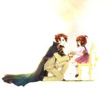  1girl age_difference bad_id bad_pixiv_id blue_eyes brother_and_sister bug butterfly cape chair child dress formal hagi_green hair_bobbles hair_ornament holding_hands insect one_knee red_hair siblings suit tears umineko_no_naku_koro_ni ushiromiya_ange ushiromiya_battler younger 