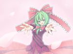  akutsu blue_eyes bow foreshortening frills front_ponytail green_hair hair_bow hair_intakes hands highres incoming_hug kagiyama_hina ribbon solo touhou 