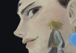  2boys black_background black_eyes black_hair blonde_hair blue_tabard blurry blurry_foreground chrollo_lucilfer clerical_collar cross_tattoo earrings facial_mark facial_tattoo floating_hair forehead_tattoo from_side giant grin highres hunter_x_hunter jewelry kurapika lips long_sleeves looking_at_another medium_hair multiple_boys parted_lips priest profile projected_inset r_(rieul) shirt short_hair smile sphere_earrings tabard tattoo white_shirt 