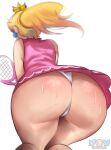  1girl ass ass_focus bare_arms bare_legs bare_shoulders blonde_hair blue_gem bluesky_logo bluesky_username blurry commentary crown depth_of_field dress earrings english_commentary feet_out_of_frame from_behind from_below gem gold_crown highres holding holding_tennis_racket huge_ass jewelry leaning_forward long_hair mario_(series) mario_tennis microdress mini_crown osulan panties pantyshot patreon_logo patreon_username pink_dress pink_gem princess_peach princess_peach_(sports_dress) racket simple_background sleeveless sleeveless_dress solo sphere_earrings standing sweat tennis_racket twitter_logo twitter_username underwear white_background white_panties 