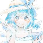  1girl :p alternate_costume blue_bow blue_eyes blue_hair blush bow bowl cirno closed_mouth commentary_request detached_wings dress food furawast hat hat_bow heart heart-shaped_pupils highres holding holding_bowl holding_spoon ice ice_wings looking_at_viewer shaved_ice short_hair sketch smile solo spoon straw_hat symbol-shaped_pupils tongue tongue_out touhou upper_body white_dress wings 