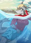 abs anthro aquatic athletic beach clothing female fish great_white_shark hi_res mackerel_shark morning shark shuiroraijin swimming swimwear white_shark