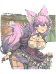  1girl animal_ear_fluff animal_ears black_dress blue_eyes blush border breasts brick_wall cleavage clothes_lift collar corset dated dress eyeshadow fox_ears fox_girl fox_tail freckles frilled_skirt frills garter_belt garter_straps highres indoors large_breasts leaning_forward long_sleeves looking_to_the_side maid maid_headdress makeup making-of_available meiz mole mole_on_breast multicolored_eyes original outline painting_(medium) panties panty_peek panty_pull puffy_sleeves purple_eyes red_corset red_eyeshadow red_lips scenery shikishi skirt skirt_lift smile solo stairs tail thighhighs traditional_media two-tone_eyes unconventional_maid underwear watercolor_(medium) wavy_hair white_border white_outline wrist_cuffs 