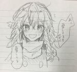  1girl blush bow braid commentary_request embarrassed furawast hair_bow highres kirisame_marisa long_hair missing_headwear open_mouth side_braid single_braid sketch smile solo speech_bubble touhou traditional_media translation_request upper_body vest 