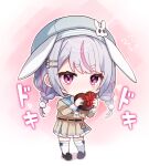  1girl animal_ears beret black_shoes blue_sailor_collar box braid chibi chibi_only closed_mouth commentary dress fake_animal_ears flying_sweatdrops frilled_dress frills grey_hat hair_ornament hairclip hat heart-shaped_box highres holding holding_box kiwipodo light_blush loafers long_hair looking_at_viewer low_twin_braids multicolored_hair parallel_hairclips pink_eyes pink_streaks pom_pom_(clothes) pom_pom_hair_ornament rabbit_ears sailor_collar shoes sidelocks solo streaked_hair thighhighs tosaki_mimi tosaki_mimi_(5th_costume) twin_braids untranslatable_commentary valentine virtual_youtuber vspo! white_hair white_thighhighs yellow_dress 
