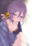  1girl absurdres ahoge akebono_(kancolle) bell bikini blue_hoodie breasts breasts_apart collarbone commentary_request embarrassed frown gold_bikini hair_bell hair_ornament hair_over_shoulder highres hizaka hood hoodie hoodie_pull jingle_bell kantai_collection looking_at_viewer messy_hair open_clothes open_hoodie ponytail pulling_own_clothes purple_eyes purple_hair signature sitting small_breasts solo sweatdrop swimsuit twitter_username yokozuwari 