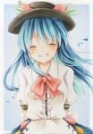  1girl apron arms_behind_back back_bow black_hat blue_hair blush bow bowtie center_frills closed_eyes collared_shirt commentary_request facing_viewer frills fruit_hat_ornament furawast grin hat hat_ornament hinanawi_tenshi leaf_hat_ornament long_hair looking_at_viewer marker_(medium) peach_hat_ornament puffy_short_sleeves puffy_sleeves red_bow red_bowtie shirt short_sleeves smile solo touhou traditional_media very_long_hair waist_apron white_apron white_bow white_shirt 