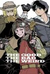  3boys baadaqua brown_vest chrollo_lucilfer cowboy cowboy_hat cowboy_western gun handgun hat highres hisoka_morow holster hunter_x_hunter kurapika male_focus movie_poster_(medium) multiple_boys revolver the_good_the_bad_and_the_ugly vest weapon 