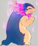  1other absurdres commentary fire full_body furry grey_background hamunosuke_(buta5kawa) highres hisuian_typhlosion looking_at_viewer looking_back pink_eyes pink_fire pokemon pokemon_(creature) pokemon_focus pokemon_legends:_arceus simple_background untranslatable_commentary 