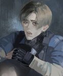  2boys 7554shan black_gloves black_vest blonde_hair blue_eyes blue_shirt drooling fingerless_gloves gloves highres leon_s._kennedy long_sleeves male_focus mr._x_(resident_evil) multiple_boys open_mouth outstretched_arm police police_uniform resident_evil resident_evil_2 resident_evil_2_(remake) shirt short_hair solo strangling teeth tyrant_(resident_evil) undershirt upper_teeth_only vest walkie-talkie white_shirt 