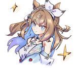  1girl absurdres almond_eye_(the_changer)_(umamusume) almond_eye_(umamusume) animal_ears blue_eyes bow_hairband braid braided_sidelocks brown_hair colored_inner_hair commentary detached_sleeves from_side hair_ornament hairband hairclip highres horse_ears horse_girl hotatebe looking_at_viewer looking_to_the_side multicolored_hair red_buttons sidelocks smile solo symbol-shaped_pupils umamusume untranslatable_commentary upper_body white_hairband x-shaped_pupils 