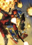  2boys 2girls black_bodysuit black_gloves black_hair blue_gloves bodysuit brown_hair brown_jacket claw_(weapon) clenched_teeth comic_cover commentary cover cover_page cowl curly_hair deadpool deadpool_(series) dual_wielding ellie_camacho english_commentary explosion facial_hair father_and_child father_and_daughter firing gloves gun highres holding holding_gun holding_knife holding_weapon jacket katana knife long_hair marvel mask multicolored_bodysuit multiple_boys multiple_girls muscular muscular_male official_art parent_and_child red_bodysuit red_gloves red_mask stubble superhero_costume sword sword_on_back taurin_clarke teeth textless_cover_page textless_version two-tone_bodysuit weapon weapon_on_back weapon_request western_comics_(style) wolverine_(x-men) x-23 x-men yellow_bodysuit yellow_gloves 
