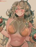  1girl analogous_colors antenna_hair bare_arms bare_shoulders blonde_hair blue_eyes blush boku_no_hero_academia breasts breasts_apart bright_pupils chromatic_aberration closed_mouth collarbone colored_eyelashes colored_tips commentary covered_collarbone cowboy_shot double-parted_bangs english_commentary eyebrows_hidden_by_hair film_grain from_above gem gloves green_gloves green_hair green_panties green_shirt grey_background hagakure_toru hair_between_eyes hair_over_shoulder half-closed_eyes hands_up highleg highleg_panties highres index_fingers_raised large_breasts long_hair looking_at_viewer messy_hair multicolored_eyes multicolored_hair navel osulan panties patreon_logo patreon_username pointing pointing_at_self red_gem shirt simple_background sleeveless sleeveless_shirt smile smug solo standing stomach toned toned_female turtleneck turtleneck_shirt two-tone_eyes two-tone_hair underwear very_long_hair white_pupils yellow_eyes 